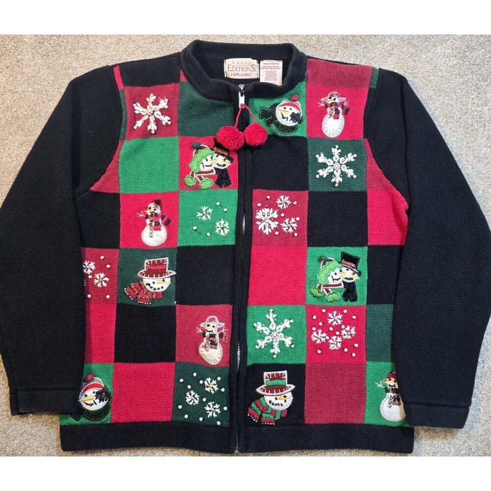 Basic Editions Holiday Snowman Snowflakes Patchwork Sweater Full Zip Women's M